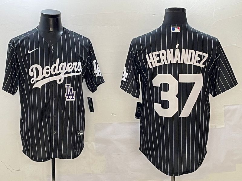 Men Los Angeles Dodgers 37 Hernandez Black Stripe Jointly Name 2025 Nike MLB Jersey style 11